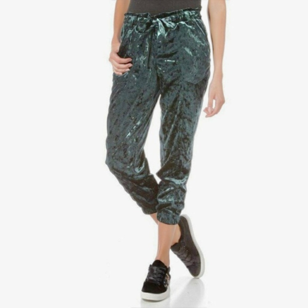 Teal Crushed Velvet Paperbag Joggers